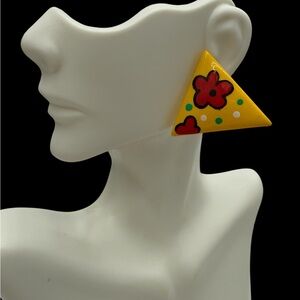3/$18 Vintage 80s Ceramic Floral Yellow Triangle Earrings- Pierced Ears